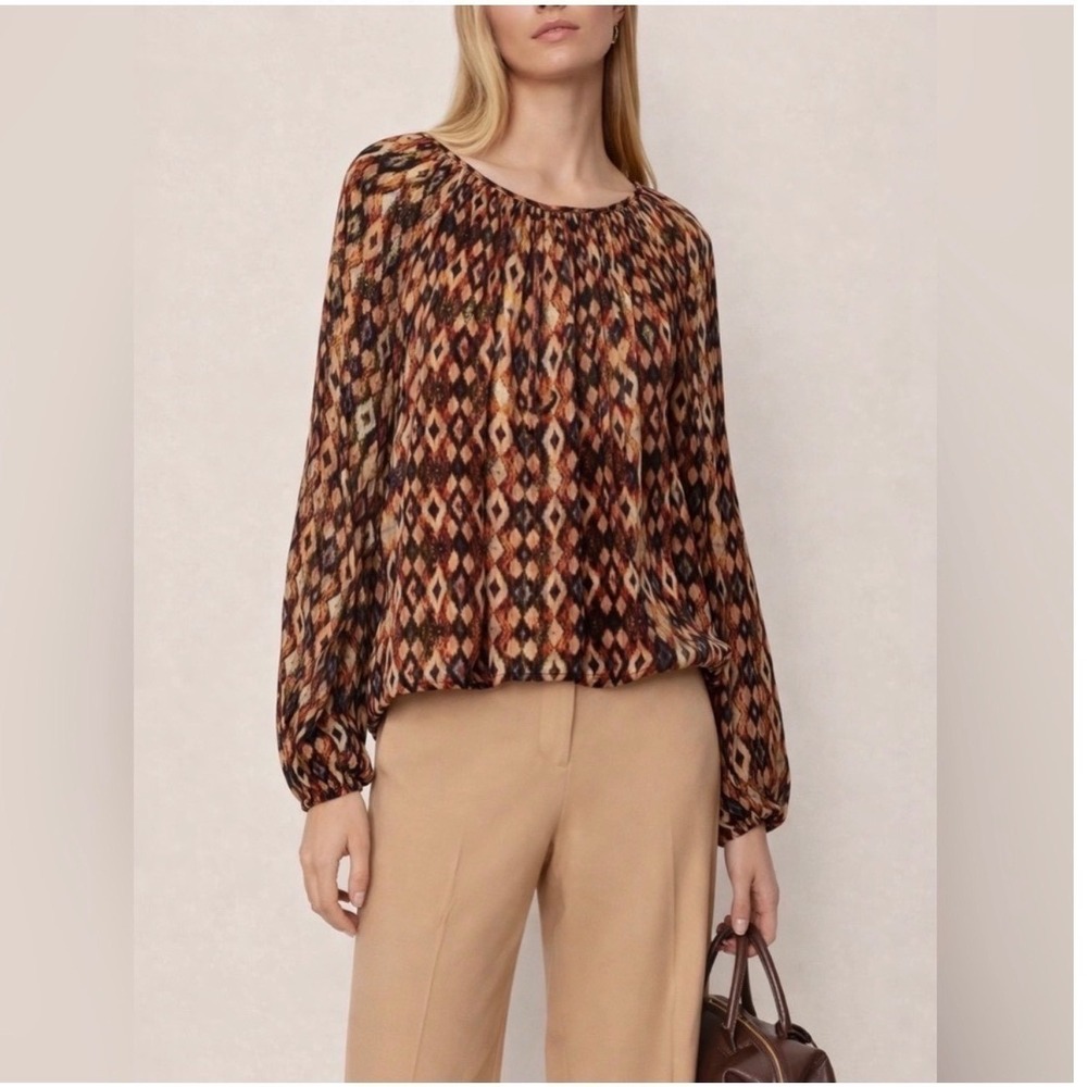 Forever 21 Brown/Orange/Cream Long Sleeve Contemporary Peasant Boho Top Shirt
